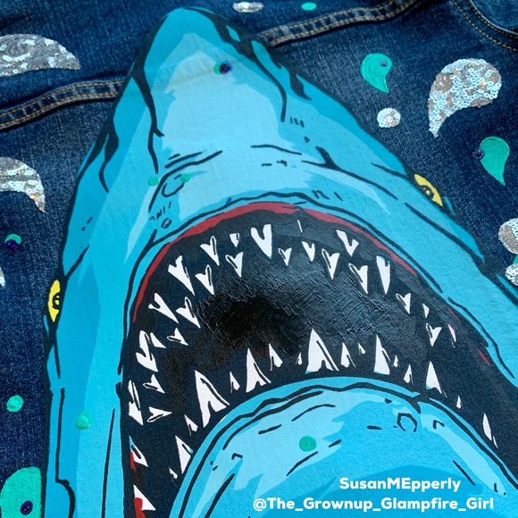 ⚡️SOLD!⚡️🦈 JAWSome Hand Crafted Upcycled  Jacket - Picture 4 of 5
